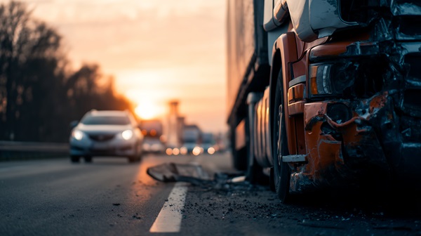 Damaged semi-truck with crumpled front end on the shoulder of a highway at sunset.