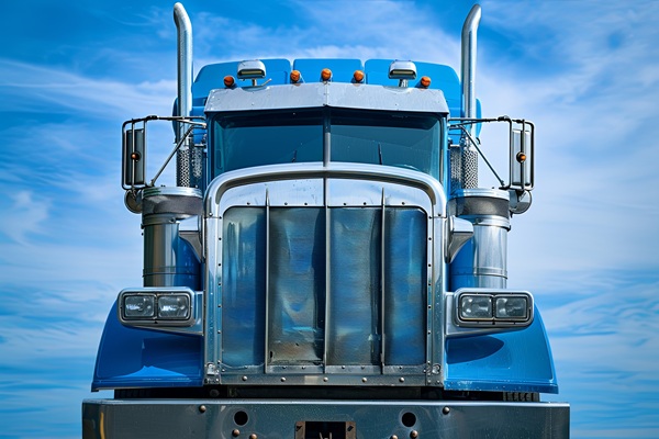A head-on view of a bright blue semi-truck with chrome accents under a clear blue sky with wispy clouds.