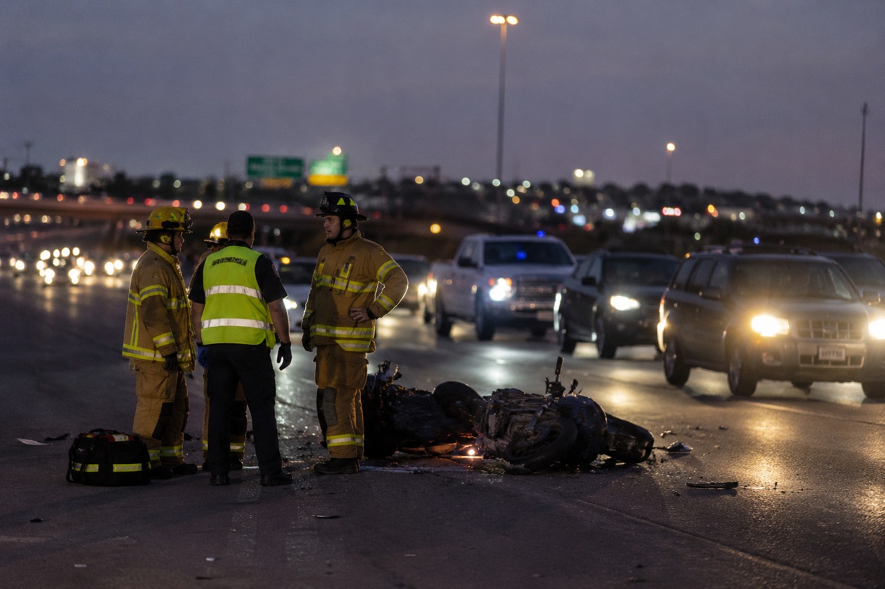 First responders standing near a damaged motorcycle lying on its side on a highway in Fort Worth, TX, at dusk, with congested traffic and vehicle headlights blurred in the background.