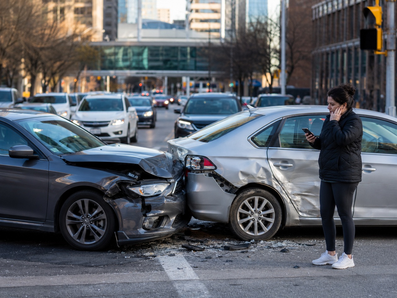 A dark grey sedan Uber vehicle has rear-ended a silver car at a city intersection, causing significant front-end damage to the grey car and rear-end damage to the silver car; a woman stands nearby on the street, looking at her smartphone with a concerned expression.