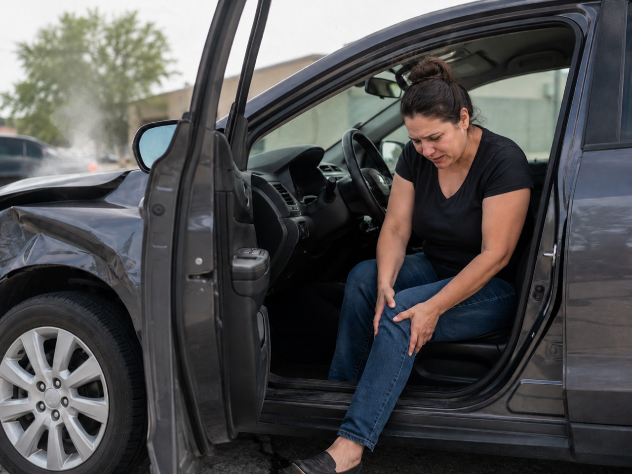 A woman sits in the open door of a damaged black car, wincing in pain and gripping her knee after a collision, with visible side panel damage on the vehicle, depicting a Texas car accident victim suffering a knee injury at the crash scene.