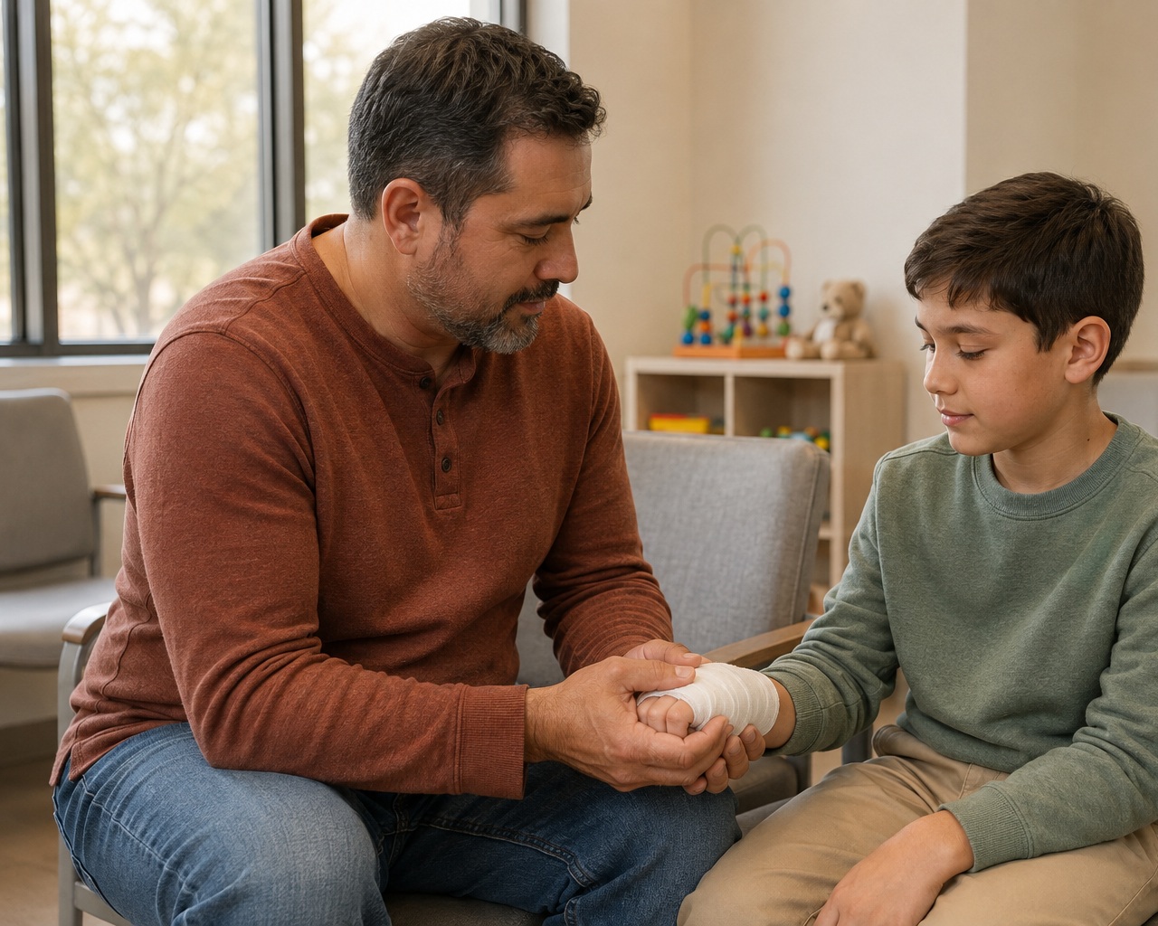 Father comforting his child with a bandaged hand in a Fort Worth pediatric clinic waiting room.