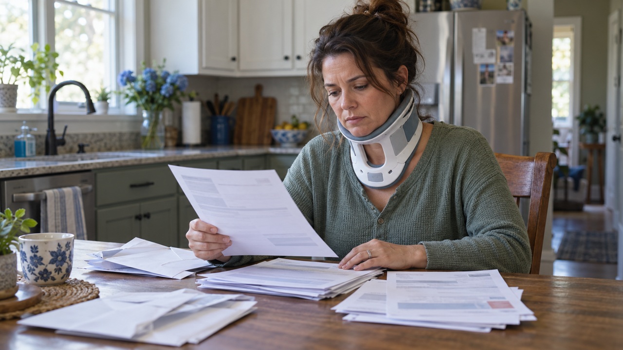 Texas woman wearing a neck brace reviewing hospital bills and a lien notice at her kitchen table.